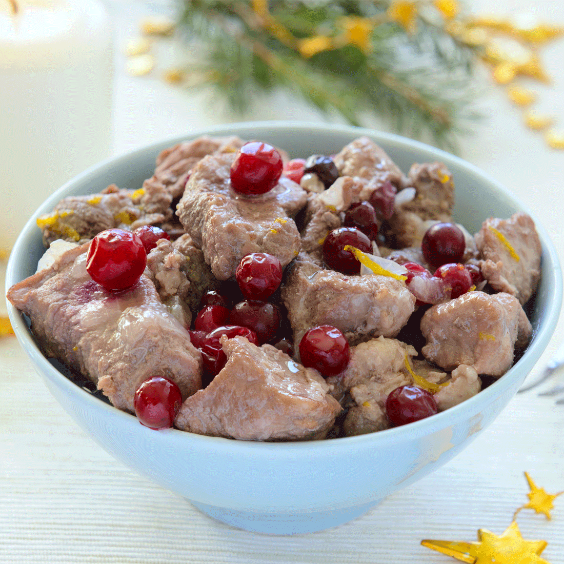 Beef Ragout, Mushrooms and Onions with Al Rabie Berry Mix Drink