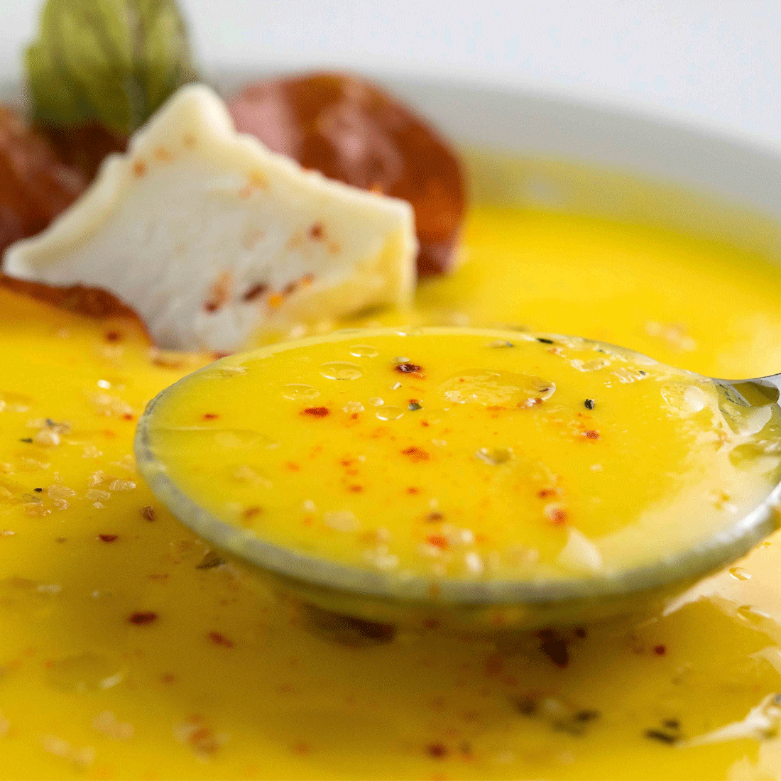 Al Rabie Mango Juice Chilled Soup with Green Chili and King Prawns