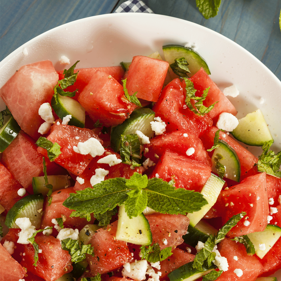 Watermelon & Feta Salad with Al Rabie Fruit Cocktail  & Horseradish Dressing